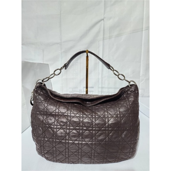 Authentic CHRISTIAN DIOR Cannage Quilted Lambskin Leather Soft Hobo Bag Brown - Picture 4 of 15